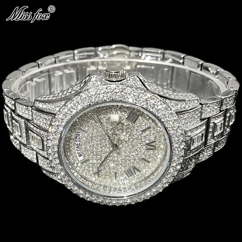 MISSFOX Guldklocka för män Mode Hip Hop Iced Diamond Automatisk kalendervecka Vattentät Quartz Armbandsur Man Reloj_voghion.com