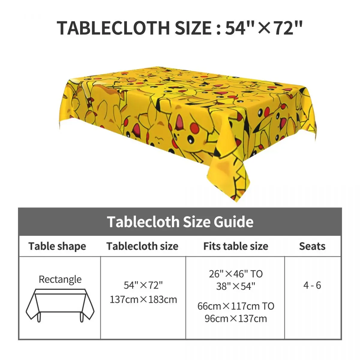 Custom Rectangular Pikachus Anime Cartoon Video Games Tablecloth Fit 40"-44" Elastic Edge Table Cloth Table Covers 5
