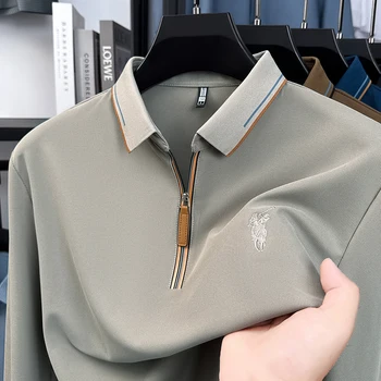 T-shirt da uomo in cotone a maniche lunghe con colletto, polo ricamata di alta qualità, maglia base autunnale a vestibilità ampia