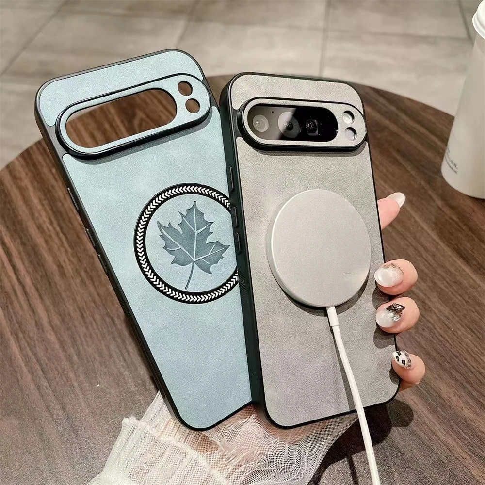 Retro Leather Maple Leaf Magnetic Phone Case with Magsafe Charging Compatibility