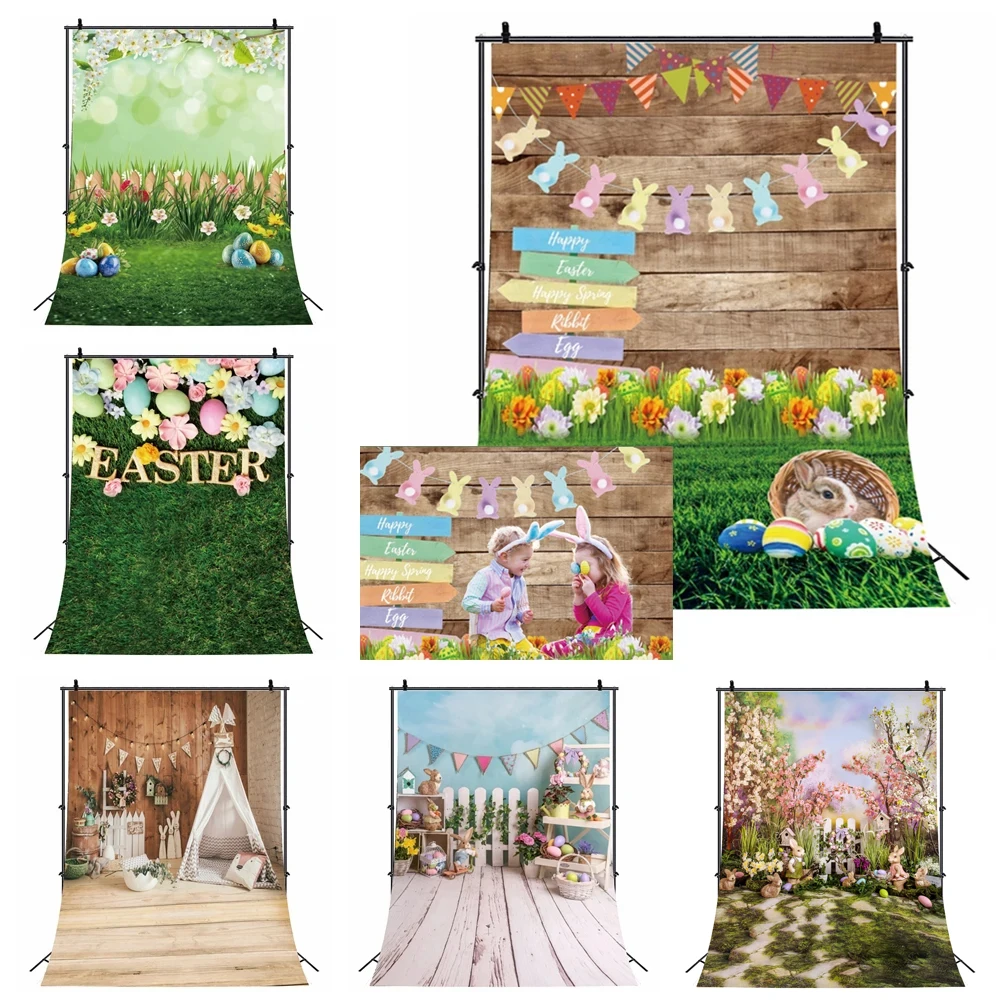 

Spring Easter Photography Backdrop Rabbit Bunny Flag Eggs Wooden Wall Flowers Grass Kids Portrait Baby Shower Photo Background