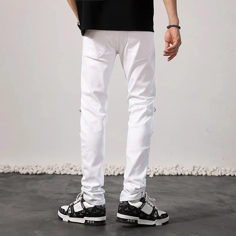 High Street Fashion Men Jeans White Elastic Stretch Skinny Ripped Jeans Men Beading Patch Designer Hip Hop Denim Pencil Pants