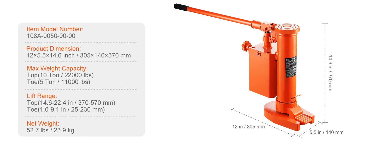 Hydraulic toe jack full view