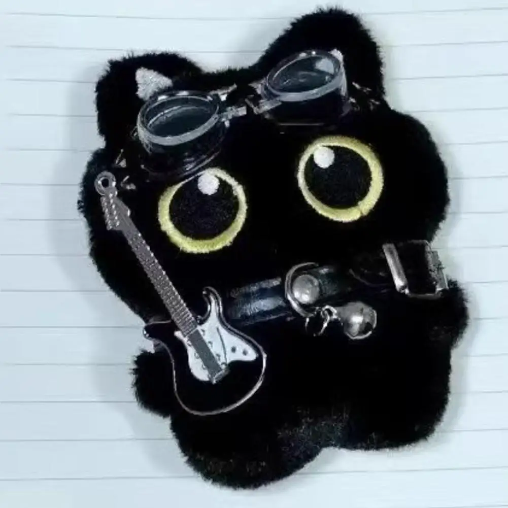 Black Cat Doll Pendant Punk Cute Rock Collar Guitar Plush Toy Holiday Birthday Gift Baby Pendant Keychain 15cm