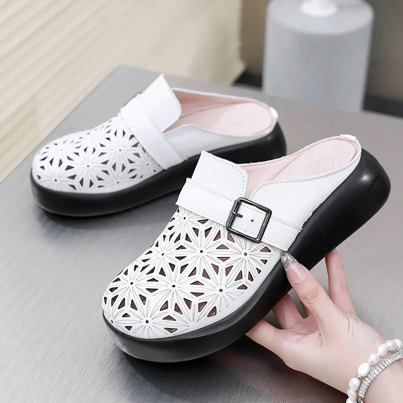 

New Roman Summer Mule Shoes Women Genuine Cow Leather Soft Sole Buckle Strap Female Sandal Slippers Handmade