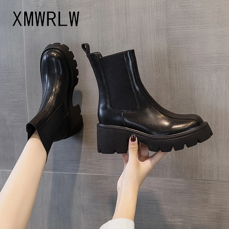 

XMWRLW Women's Ankle Boots 2022 Autumn Genuine Leather Fashion Slip on Ladies Ankle Boots High Heels Women Winter Boot Shoes