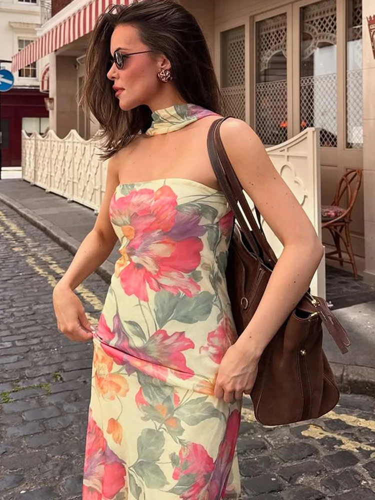 Nibber Sweet Flower Print 2Piece Set Women Elastic Strapless Dress+Ribbon Scarf Vacation Party Elegant Fashion Stretch Vestidos