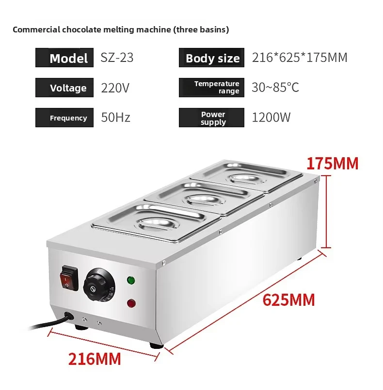 JH Stainless Steel Chocolate Melter 2/3/4 Pots 1200W 30-85℃ Temp Control Commerc