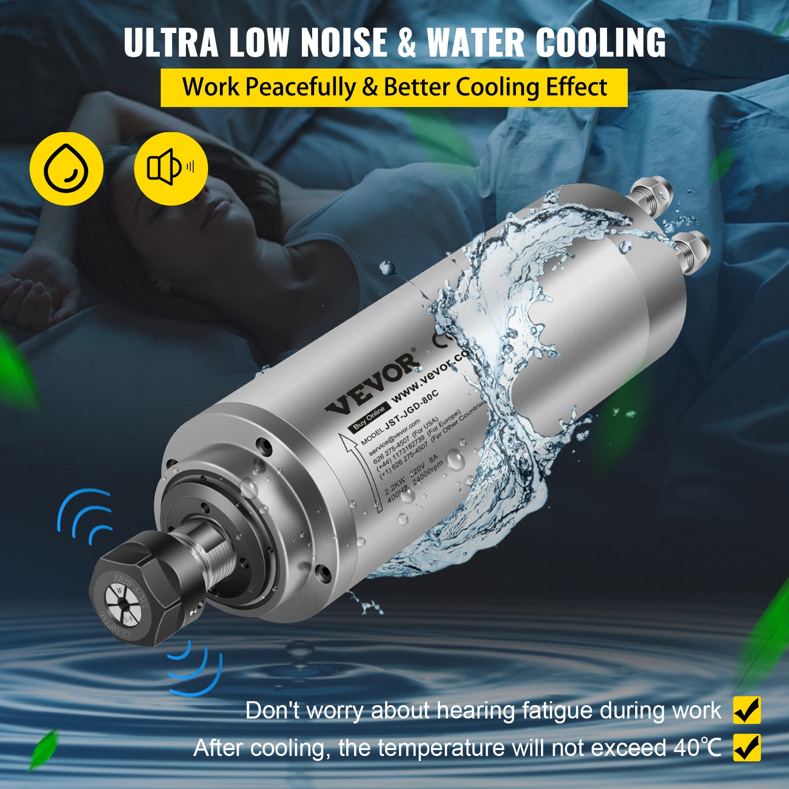 High Speed Motor Water Cooling Spindle Kit VEVOR 2.2KW 3KW Water Cooled Spindle Motor Kits 220V High Speed ER20 Collet 3 Bearings For CNC Router Engraving Milling Machine