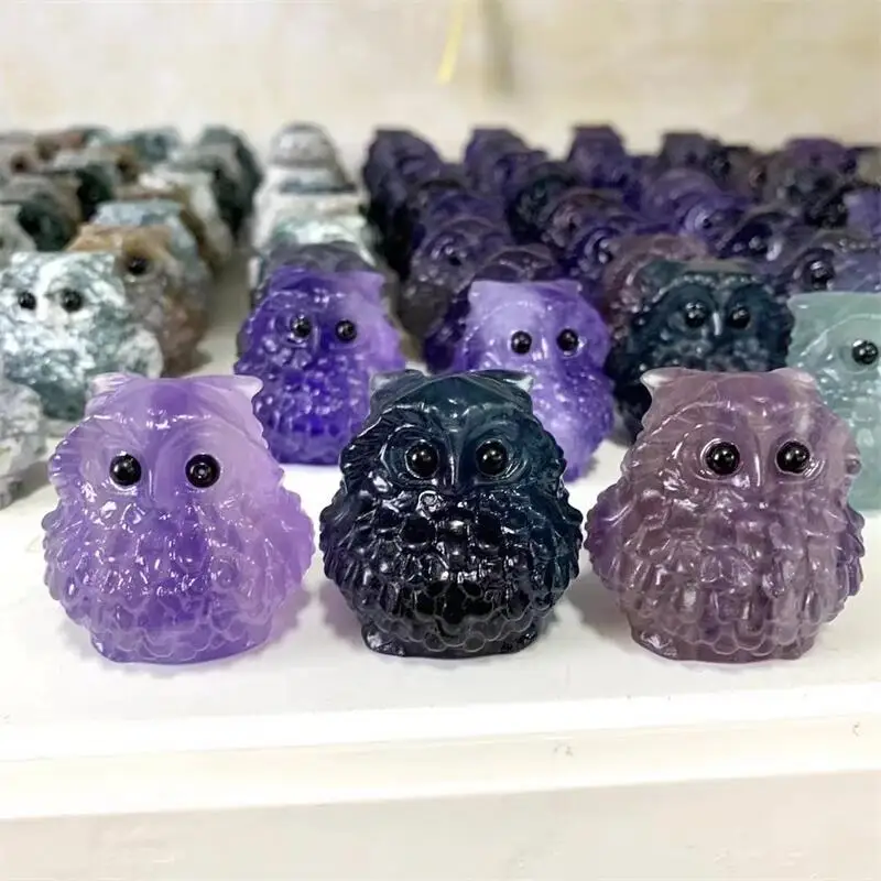 

Natural Purple Fluorite Owl Carving Statue Gemstone Room Decoration Healing Crystal Animals Figurines Reiki Carved Stones 1PCS