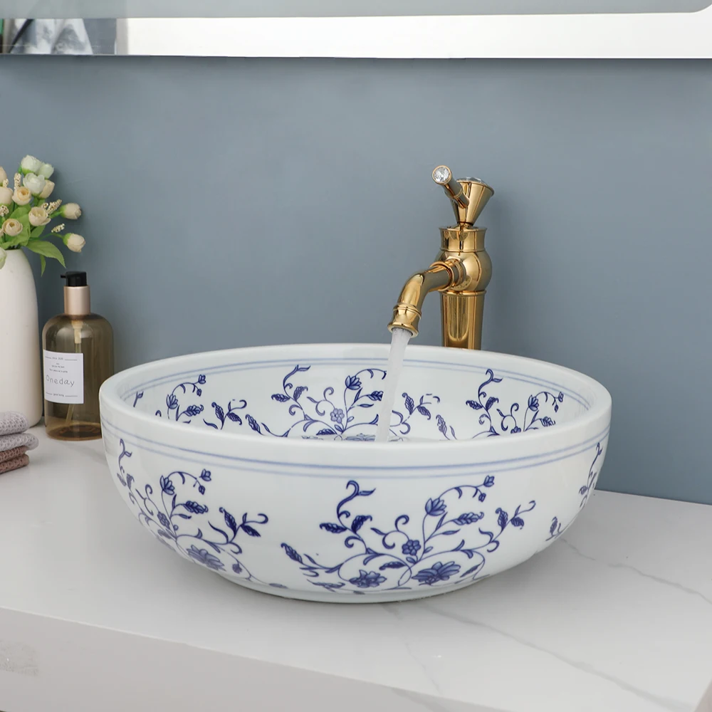 ZAPPO Bathroom Basin Sink Faucet Combo Ceramic Round Wash Basin Bathroom Washbasin Hand Painted Vessel Sink bathroom sinks bathroom sink bathroom faucet set bathroom cabinet basin