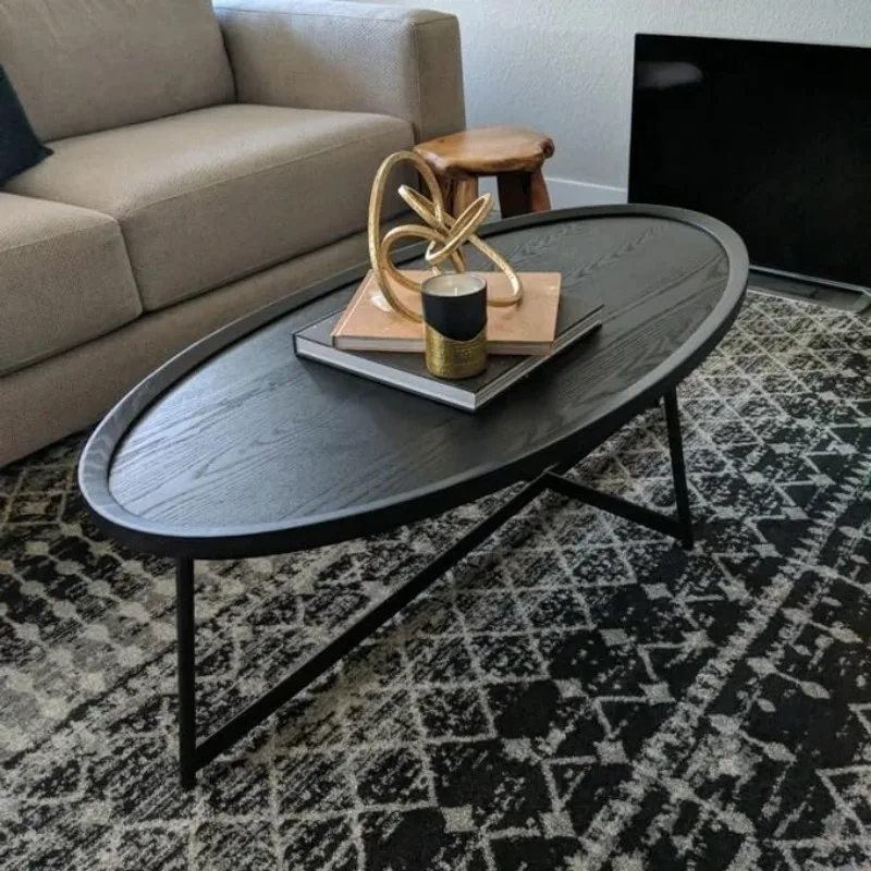 Modern Coffee Table, Oval Wood Coffee Table Center Table with Metal Leg for Living Room, 47 Inch Coffee Table Accent Furniture 3