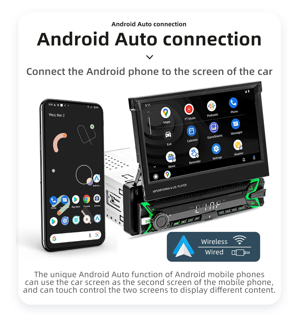1Din Car Radio Player 7"MP5 Player Retractable Touch Screen Car Wireless CarPlay Android Auto Mirror Link Video USB TF BT Player 5 1Din Car Radio Player 7"MP5 Player Retractable Touch Screen Car Wireless CarPlay Android Auto Mirror Link Video USB TF BT Player - Image 5