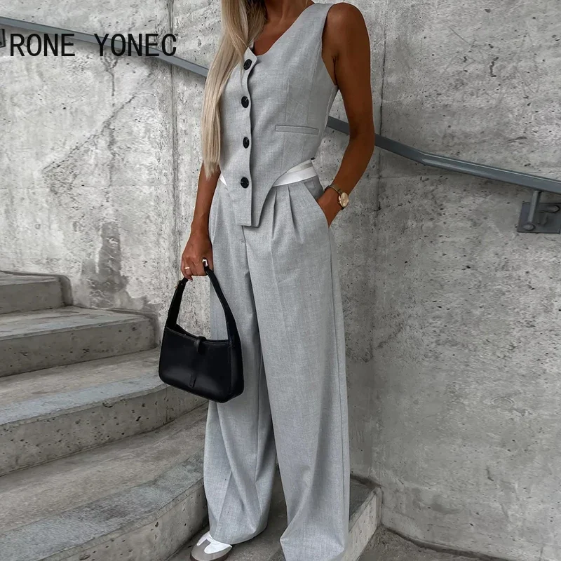 

Women Solid Sleeveless Asymmetrical Vest Top & Wide Leg Bottoms Working Blazer Vest Sets