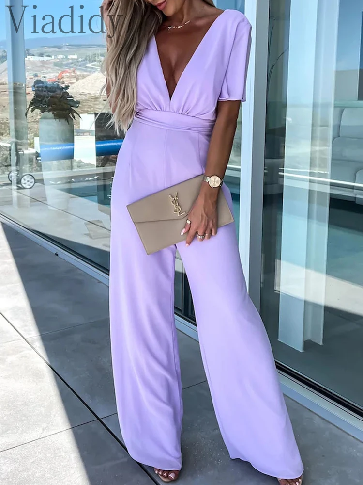 

Women Solid Color V-Neck Short Sleeve Slim Waist Straight Jumpsuits