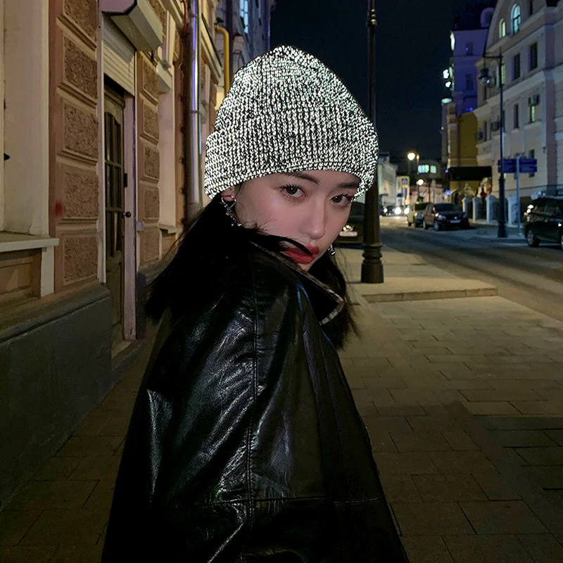 2024 New Reflective Knitted Hats Magical High Visibility Winter Warm Caps Women Men Bonnet Beanie Hat for Night Running Walking 2