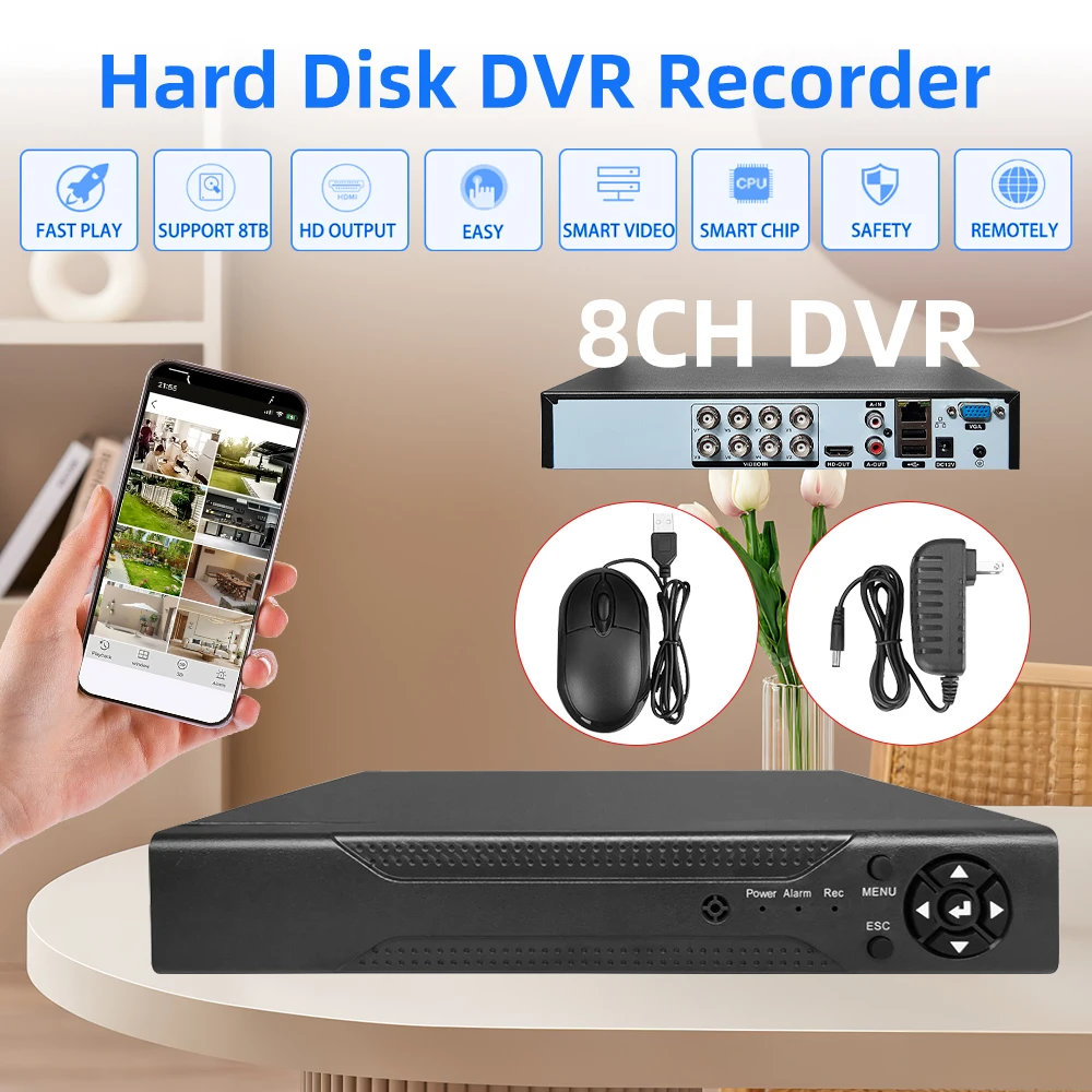 H.265 8CH HD DVR Video Surveillance DVR 5-in-1 Digital Video Recorder for Smart Security Camera System PIR Motion Detection DVR 3