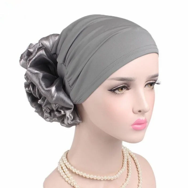 Woman Big Flower Turban Hair Accessories Elastic Cloth Hair Bands Hat Chemo Beanie Ladies Muslim Solid Hair Loss Scarf Cap lace edges scarf hijab woman plain maxi shawl wrap flower white foulard soft cotton muslim hijabs scarf catholic veil head scarf