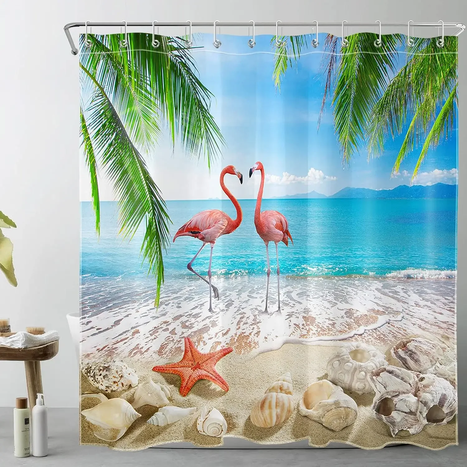 thumbnail image 1 of Cortina de ducha con diseño de océano, playa, palmeras tropicales, tortuga marina, gato, vela, flamencos, concha de coral, juego de cortina de ducha para decoración de baño, 1 of 5