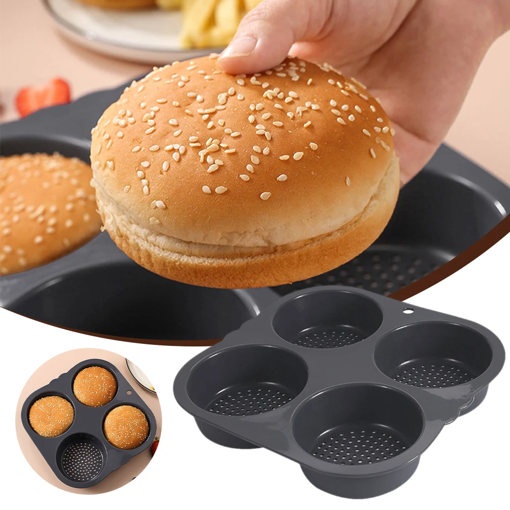 

4 Cavity Silicone Hamburger Bun Molds Non-Stick Hamburger Mold Oven Baking Plate Cake Bread Mold Home Kitchen Baking Molds