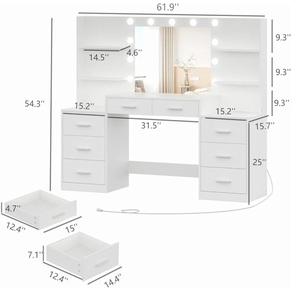61.9‘’L Vanity Desk with Mirror & Lights, Makeup Desk with Drawers, 3 Lighting Modes, Large Makeup Vanity 5