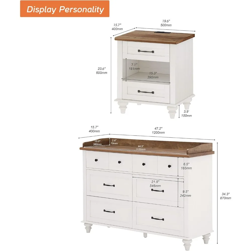 2 Piece Dresser and Nightstand Sets for Bedroom Mid-Century Modern Dresser with 6 Drawers 1 End Table with Charging Station