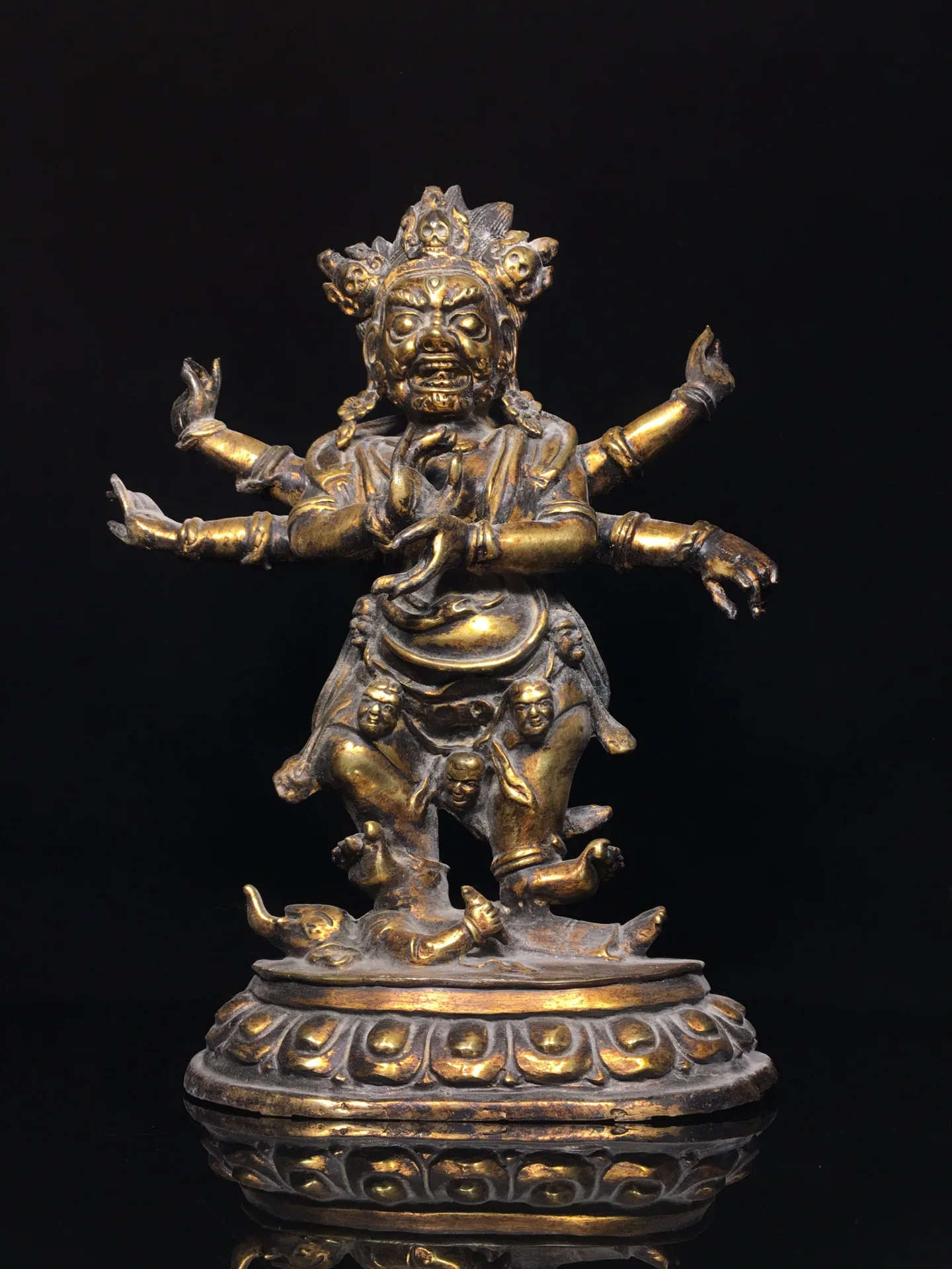 

14"Tibet Temple Collection Old Bronze Cinnabar Mud gold Six arm Mahakala Vajrapani Skull Standing Buddha Worship Hall Town house