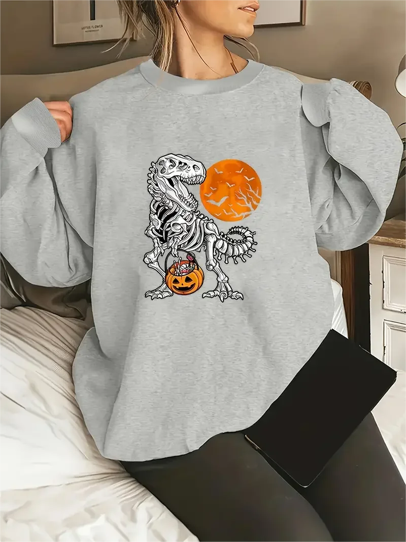 Women's Halloween Pumpkin Dinosaur Print Long Sleeve Round Neck Pullover Top, Plus Size Casual Sweatshirt