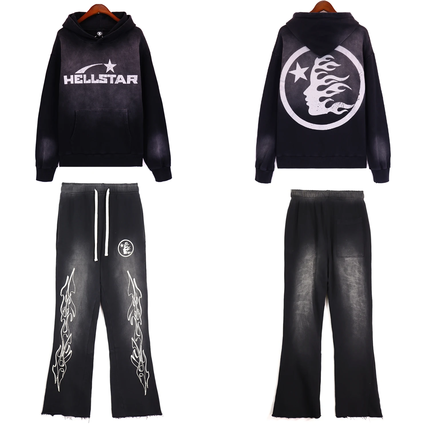 

Hellstar High Street Hip Hop retro wash to make old casual clay print sports flared pants and couple hoodie