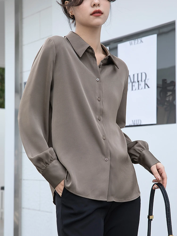 New Style Acetate Satin Shirts Women Vintage Loose Solid Color Long Sleeve  Blouse Office Ladies Elegant Spring Autumn