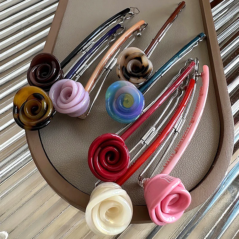 1pc Rose Design Candy Color Exquisite Acetic Acid Plate Hair Clip, One Word Date Hair Accessory, Sturdy And Not Easy To Drop watercolors watercolor palette plum plate thickened palette easy to wash resistant drop paint painting palette