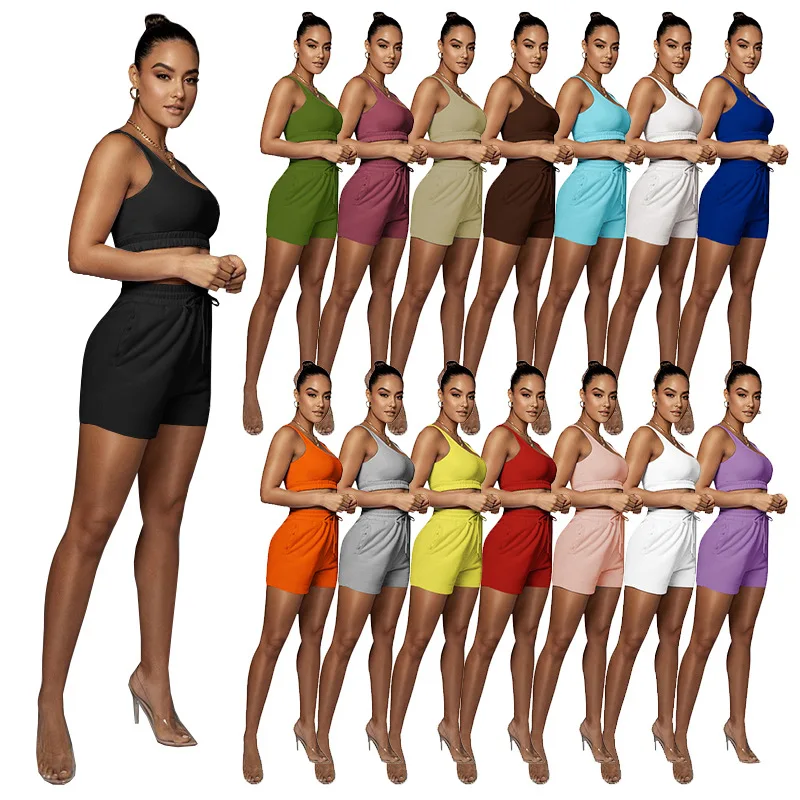 Summer Outfit Two Piece Short Pants Set Blank Biker Joggers Crop Tank Top Suits Wholesale Women Clothing Sleeveless 2 Piece Set
