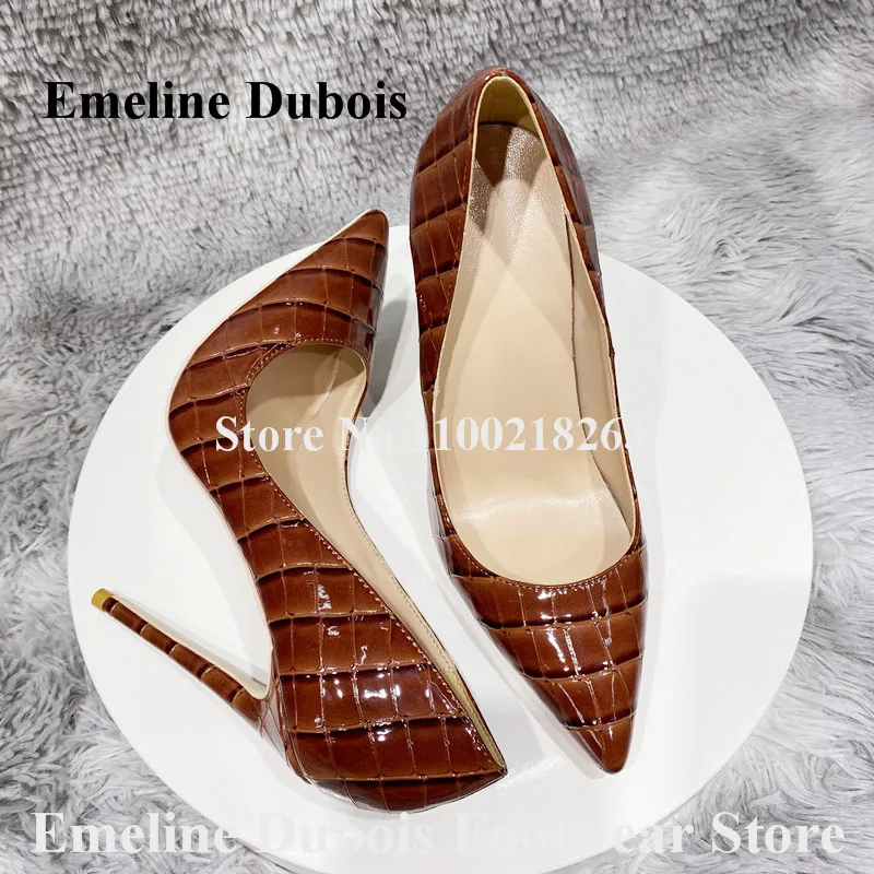 

Sexy Crocodile Pattern Leather Pumps Emeline Dubois Brown Green Pointed Toe 12cm Stiletto Heel Dress Shoes Club Party High Heels
