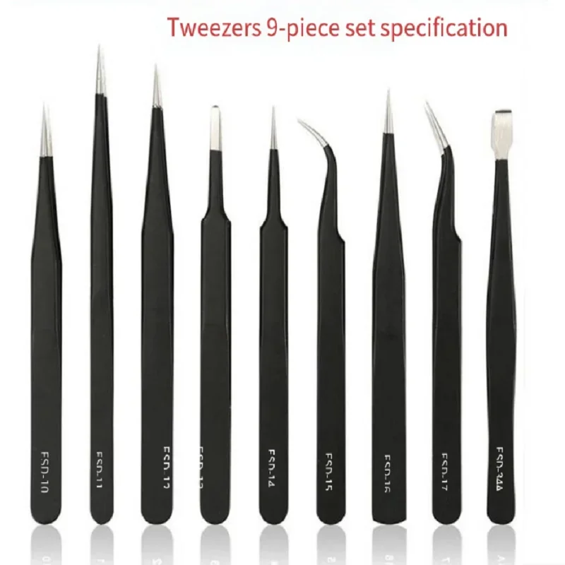 Stainless Steel Precision Antistatic Tweezers Set Repair Tools Professional Electronic Tweezers 10pcs