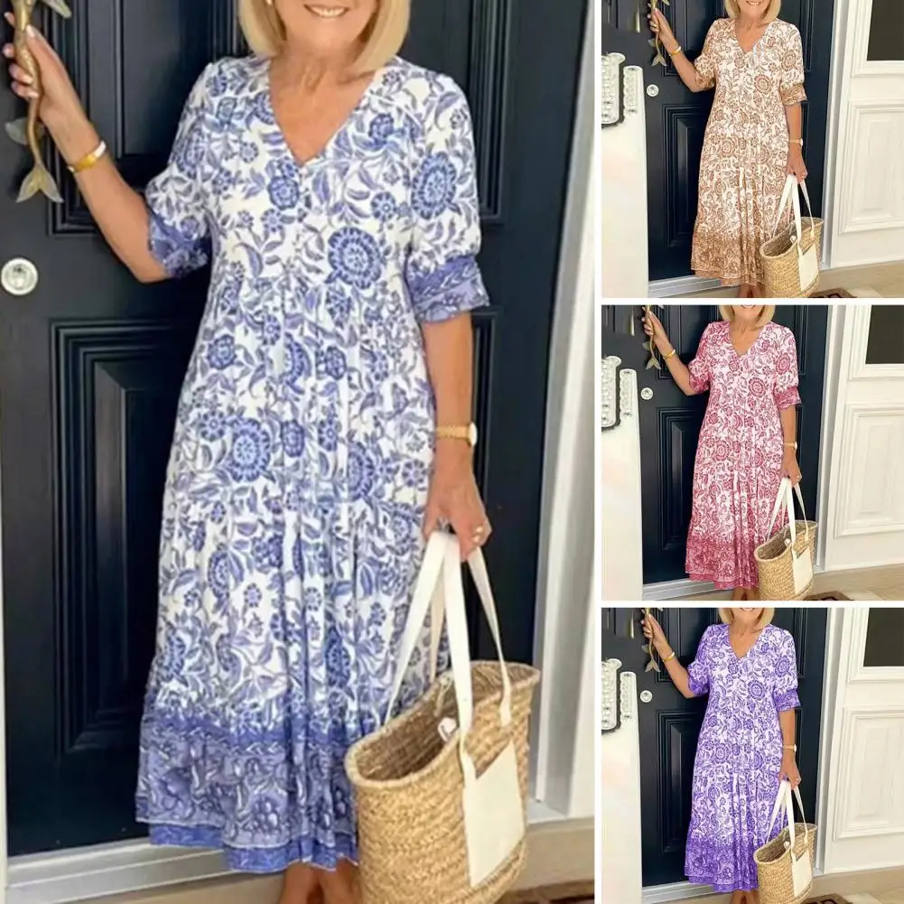 

V-neck Short Sleeve Waist Tight Ruffle Loose Hem Midi Dress Women Retro Floral Print Bohemian Dress Streetwear