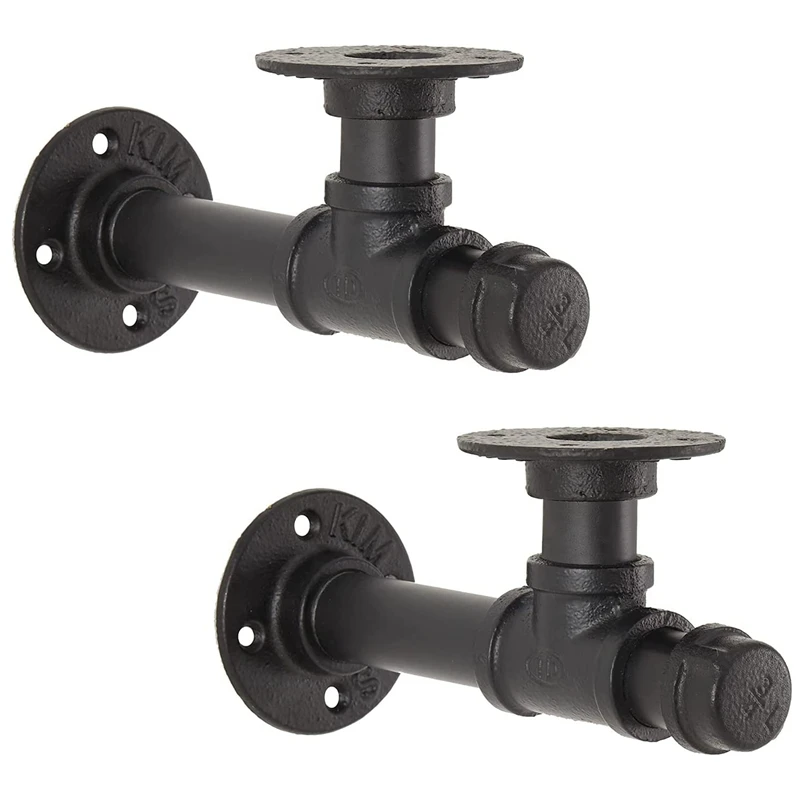 

HOT-Black Iron Wall Mount Pipe Shelving Bracket Rustic Pipe Decor Wall Mount For Wood Floating Bracket 2 Pack