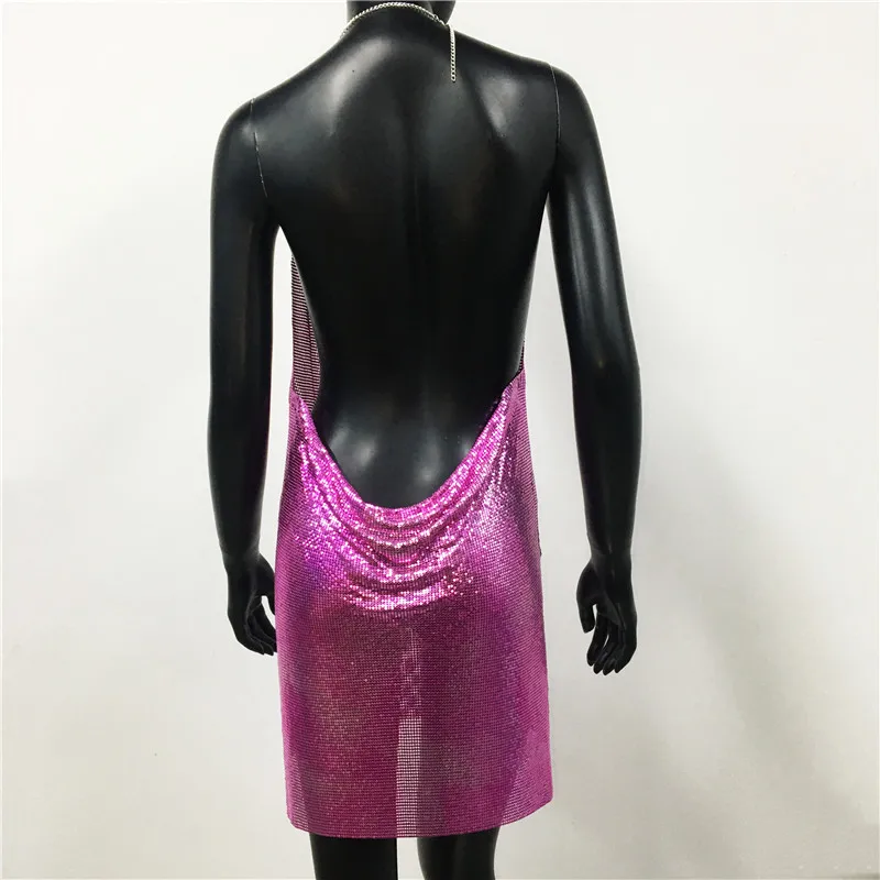 2023 Sexy Clubwear Backless Sequin Short Dress For Women Cocktail Metalic Split Mesh Harness Body Chain Club Low Cut Mini Dress