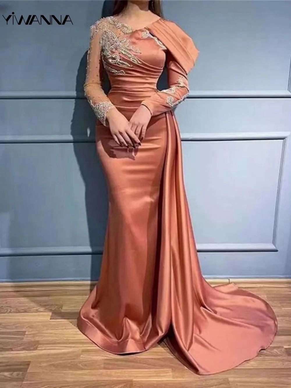 

Modest Long Sleeve Evening Dress Sparkly Beads Crystal Cocktail Gown Elegant Satin Straight Long Prom Dresses Robe De Mariée