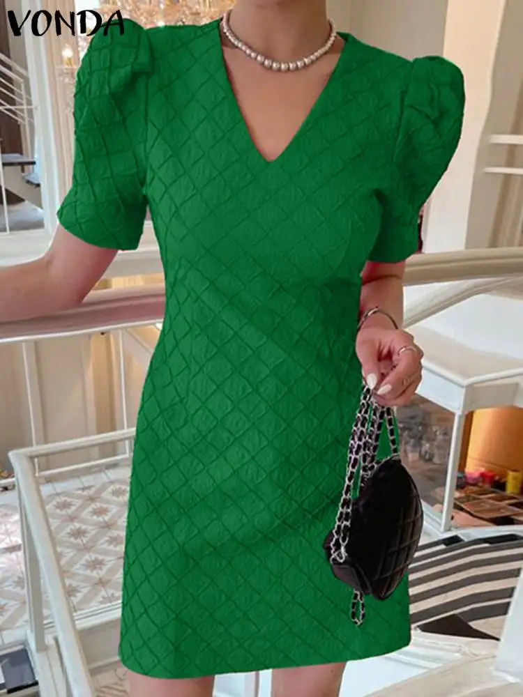 

Women Summer Party Mini Dress 2023 VONDA Elegant Sexy V-Neck Short Sleeve Sundress Fashion Casual Loose Solid Pleated Vestidos