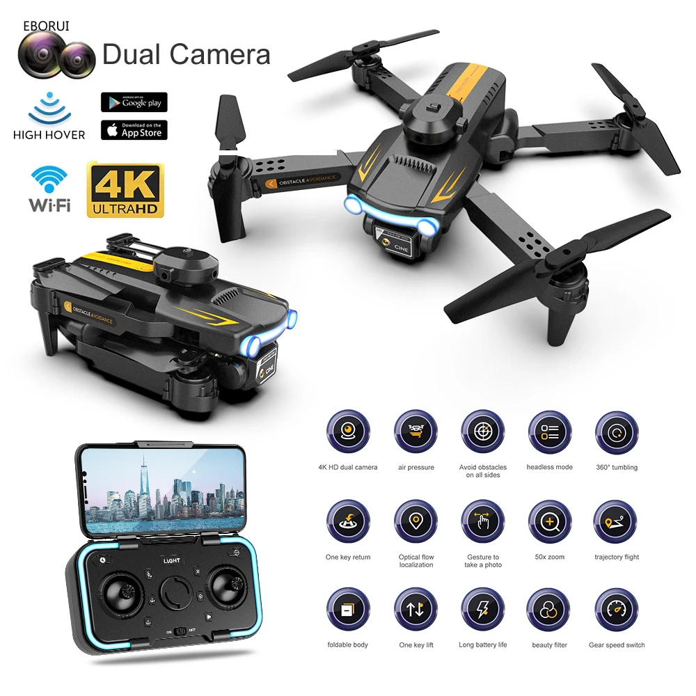 Радиоуправляемый квадрокоптер EBORUI с препятствиями, 4K двойная HD-камера, стабисветодиодный высоты, светодиодная подсветка, функция защиты от Wi-Fi, FPV, подарок для детей