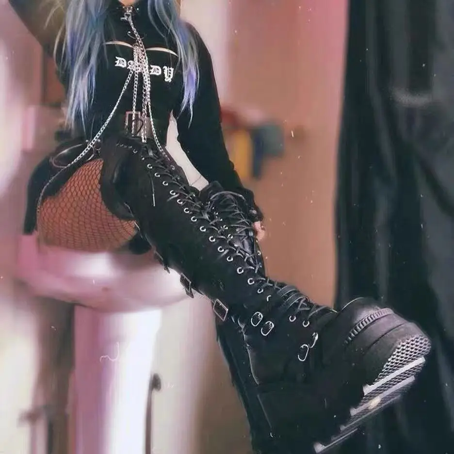 Gothic Punk Women Thigh Boots Platform Chunky High Heels