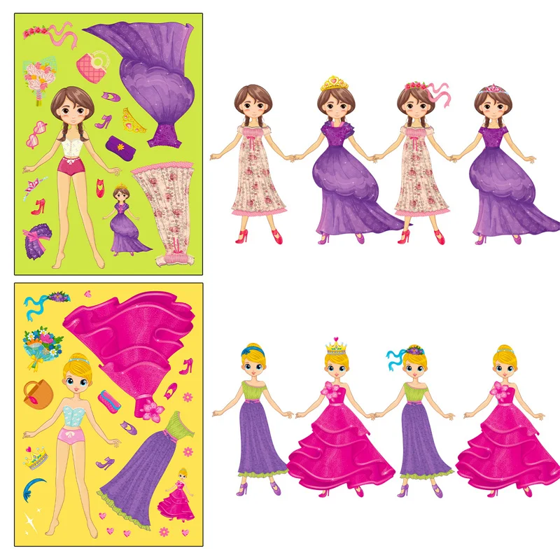 6-24sheets Prinses Dress-Up Diy Stickers Voor Kinderen Maken Een Gezicht Sticker Pad Maak Je Eigen Meisjes Puzzel Puzzel Feestartikelen