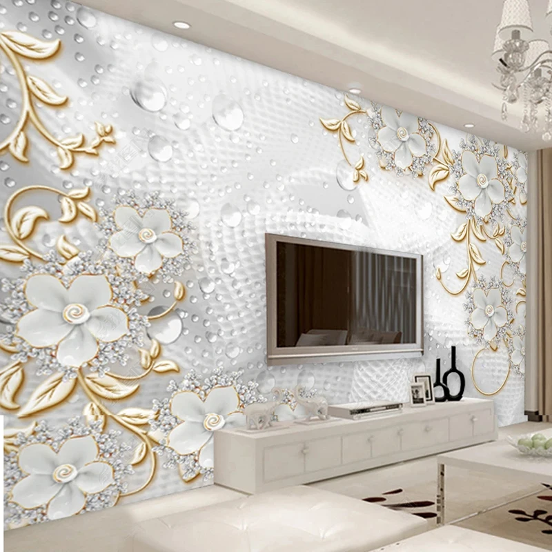 Personalizado 3d Luxo Estilo Europeu Papel de Parede Flor Branca Contas Jóias Mural Sala de Estar Sofá Quarto Decoração de Casa