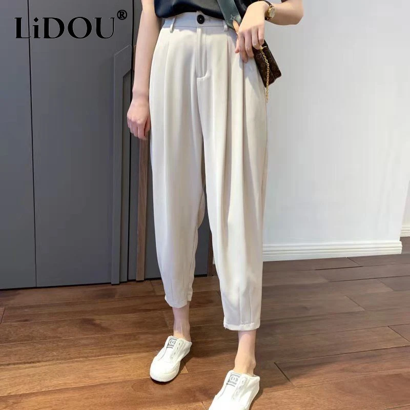 2023 Summer New Fashion High Street Solid Color Haren Pants Women Zipper Pockets Loose Casual All-match Ankle Length Trousers 2023 spring autumn new solid color fashion elastic waist haren pants women high street casual loose pocket ankle length trousers