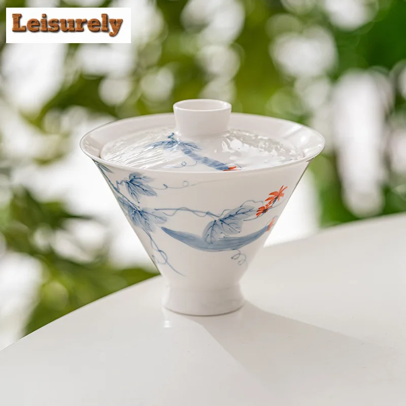 140ml Hand-painted Loofah Gaiwan Retro Bamboo Hat Anti Scalding Tea Tureen Household Tea Making Cover Bowl Items Ornaments