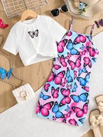 Ensemble jupe 2 pièces élégant et décontracté pour filles, printemps et été, t-shirt court à manches courtes avec imprimé papillon blanc + robe à bretelles avec imprimé papillon intégral, adapté aux tenues décontractées quotidiennes des filles de 8 à 12 ans, peut être utilisé comme cadeau. 1