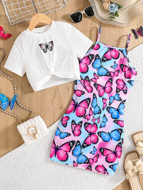 Ensemble jupe 2 pièces élégant et décontracté pour filles, printemps et été, t-shirt court à manches courtes avec imprimé papillon blanc + robe à bretelles avec imprimé papillon intégral, adapté aux tenues décontractées quotidiennes des filles de 8 à 12 ans, peut être utilisé comme cadeau. 1