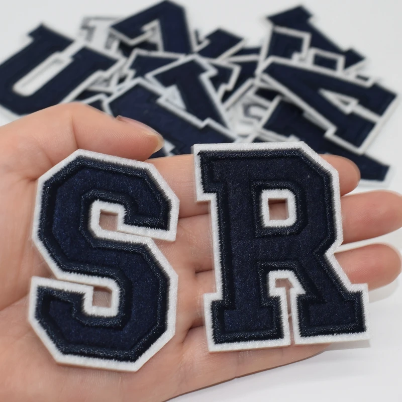 해군 파란색 문자 패치 Applique 알파벳 철 DIY 세공 의류 가방 신발 바느질 이름 패치 액세서리