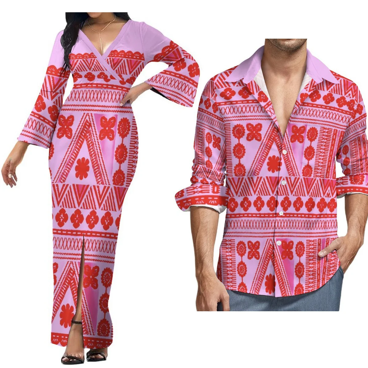 

Polynesian tribes design women's long-sleeved dresses with tight maxi dresses and men's long-sleeved shirts for couples