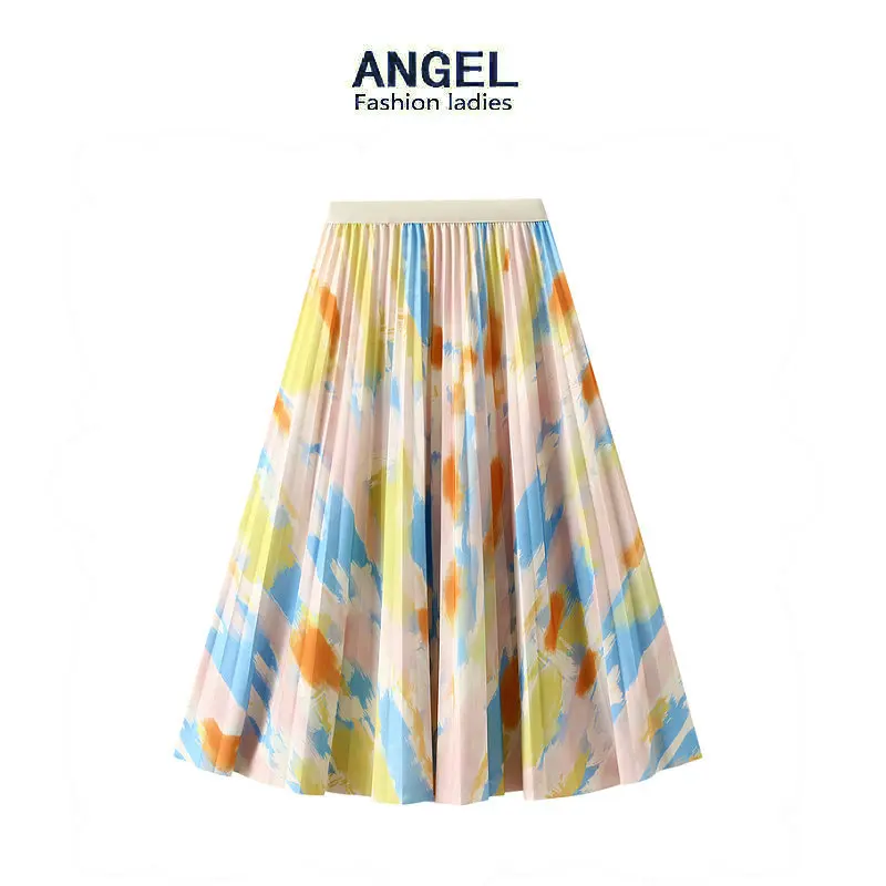 

High Quality Elegant Women Clothes Multicolored Print Pleated Skirt Spring Summer Medium-length Fashion Tulle Dress Traf Y2k
